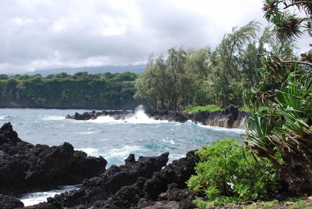Photo of a beach in hawaii with black rocks