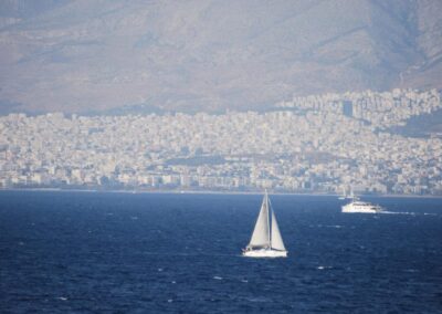 Seaside city with boats in water