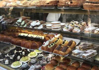 pastries in display cabinet