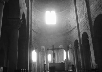 Inside of a cathedral, black and white photo