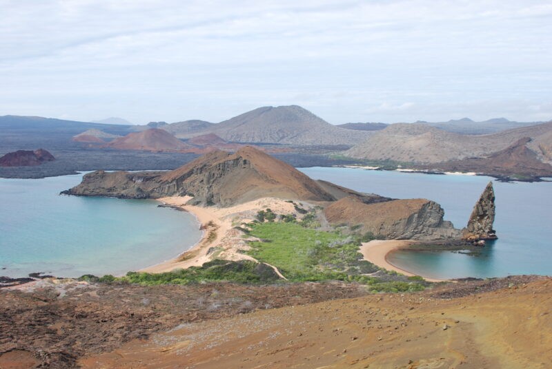 Image of Galapagos island with mountains, beach and sea