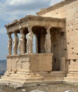 View of the iconic Caryatids at the Erechtheion temple on the Acropolis, Athens, Greece