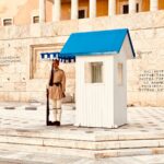 Greek Presidential Guard standing by hut at the Parliament in Athens.